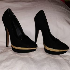 Forever 21 Black Platform Pumps w‎ Gold Accent 6